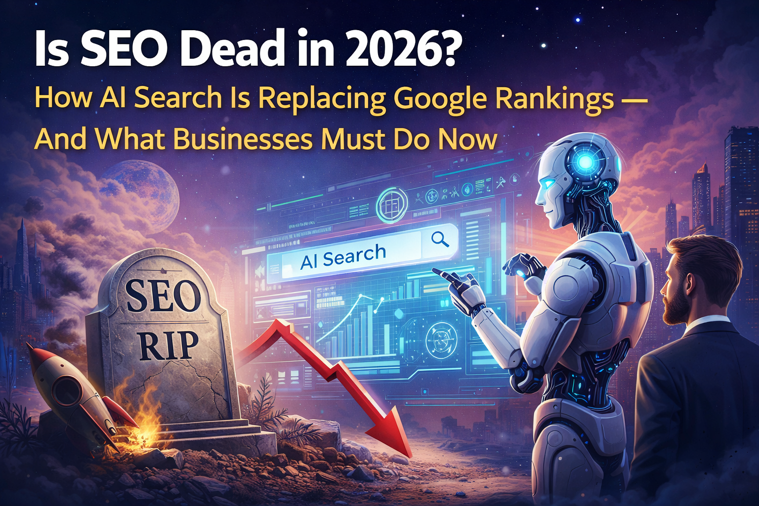 Is SEO dead in 2026 concept showing AI search replacing Google rankings with futuristic digital marketing illustration