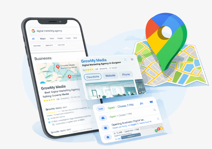 GrowMyn Media digital marketing agency in Gurgaon showing Google My Business listing and Google Maps local SEO visibility